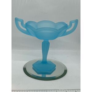 VTG  7” Westmoreland Blue Satin Glass Trophy Compote / Candy Dish With Handles